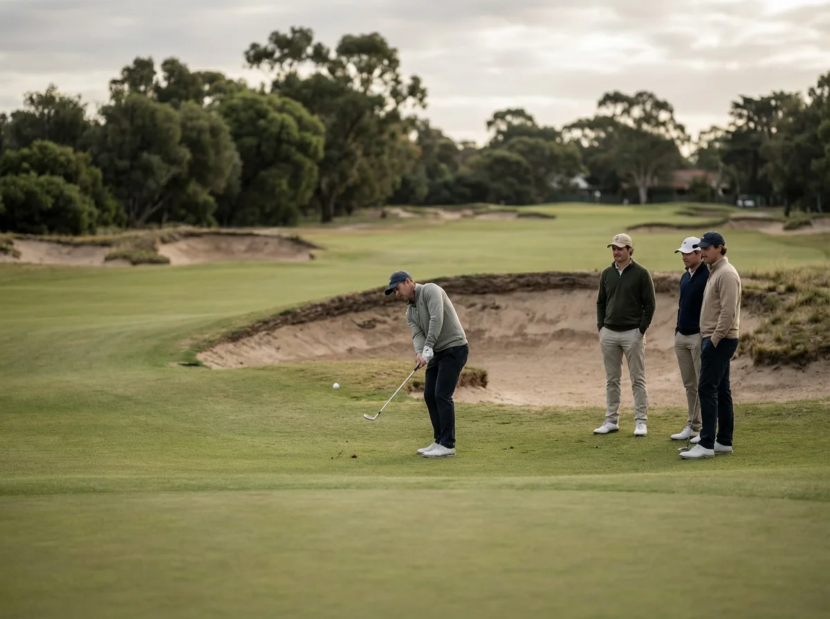 Golfer chipping from just off the green on a scenic coastal course, showing clean ball-first contact